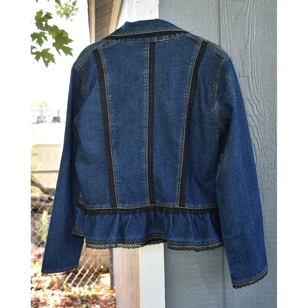 Midnight Denim Lace Trim Ruffle Peplum Jacket Medium New Identity - Picture 2 of 5